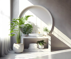 3D bathroom and tropical plan. AI generated