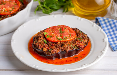 Traditional, delicious Turkish food, eggplant dish. Turkish name; Patlican oturtma