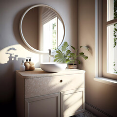 Bathroom interior. Modern. Mirror. Green plants. AI generated