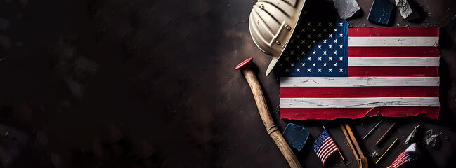 Labor Day in the USA. American flag. Labor tools. Banner. created by AI