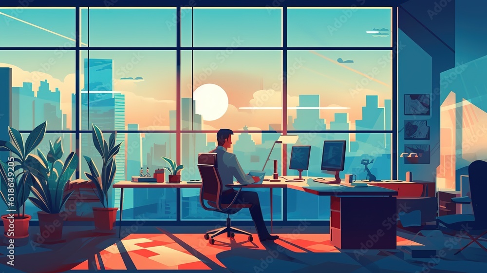 Poster a guy may be seen working at a desk while facing a window.