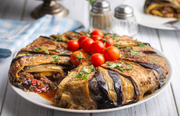 Traditional delicious Turkish food, meat eggplant dish (Turkish name; patlican kapama)