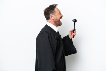 Naklejka premium Middle age judge man isolated on white background laughing in lateral position