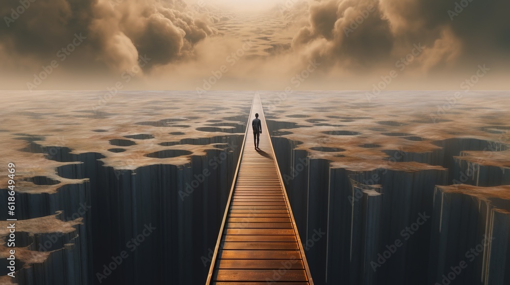 Poster a person making their way in the midst of a desert while walking over a bridge.