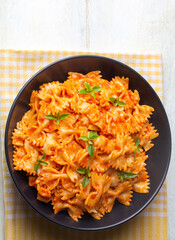 Farfalle pasta with tomato sauce, bow tie pasta tomatoes sauce (Turkish name; domatesli kelebek makarna)