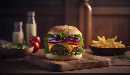 Juicy hamburger on a wooden board. Cheeseburger. Onions and Tomatoes. Banner. AI generated