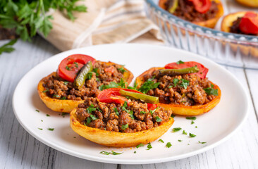 Traditional Turkish food; baked potato dish with minced meat, Turkish name; Patates karniyarik