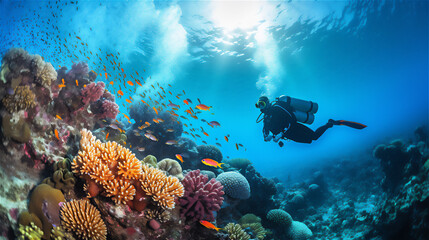 Scuba Diving in Tropical Ocean Coral Reef sea under water, scuba diver, Caribbean, Fiji, Maldives, snorkel, marine life, aquatic, aqua blue, dive, travel, tourism. Ai generative - obrazy, fototapety, plakaty