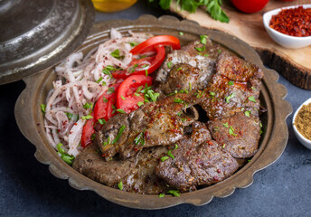 Traditional Turkish Liver kebab cuisine. Leaf Liver spicy. Delicious turkish ciger. (Turkish name; yaprak ciger)