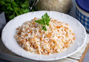 Traditional delicious Turkish food; Turkish style rice pilaf (Turkish name; Tel sehriyeli pirinc pilavi)
