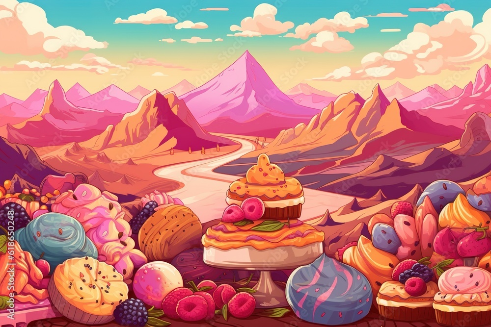 Poster an image of a desert scene with a cake superimposed over it