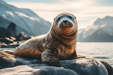 sea lion on the rock - obrazy, fototapety, plakaty
