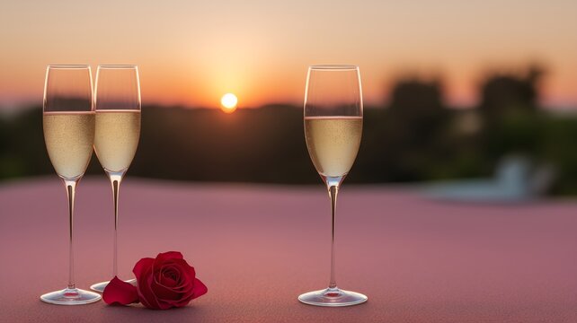 An Image Of A Stunningly Picturesque Sunset With Two Glasses Of Champagne
