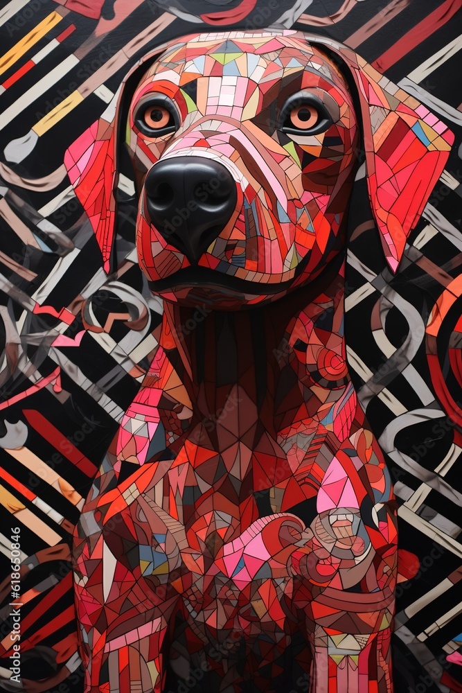 Poster an example of a dog constructed entirely out of various geometric forms.