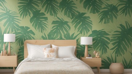 A Composition Of A Captivatingly Candid Bedroom With A Tropical Wallpaper