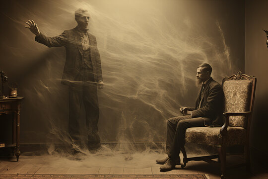 Ask your ancestors, spirits leave the body, ghost hauntings, 1910s spiritualism photography, black and white, Generative AI