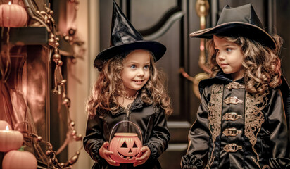 Obraz premium Trick or Treat Children on Halloween Digital Art KI Wallpaper Background Generative AI KI Journal Illustration 