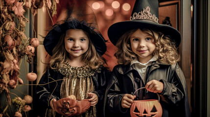 Naklejka premium Trick or Treat Children on Halloween Digital Art KI Wallpaper Background Generative AI KI Journal Illustration 