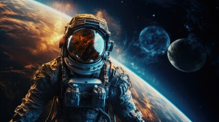 Cosmonaut in modern spacesuit in space. Elements of this image furnished by NASA space astronaut photos . - obrazy, fototapety, plakaty