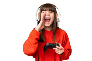 Little caucasian girl playing with a video game controller over isolated background shouting with mouth wide open