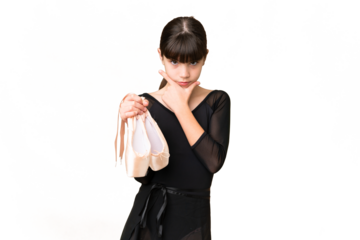 Little caucasian girl practicing ballet over isolated background thinking