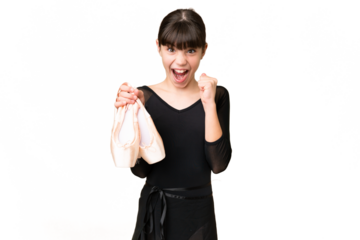 Little caucasian girl practicing ballet over isolated background celebrating a victory in winner position