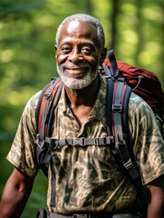 Obraz premium Senior Black Man Hiking Outdoors, Active Mature Hiker Photorealistic Illustration