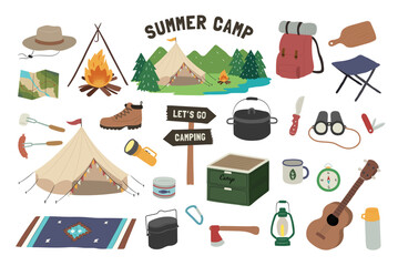 Summer camp, Hiking kit. Camping gear set. Survival in wild. Holiday trip, Picnic, Recreation, Countryside, Nature, Poster, Tag, Sticker. Trekking concept. Hand drawn style. Flat vector illustration. - 618652490