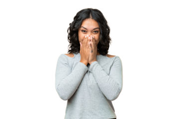 Young Argentinian woman over isolated background happy and smiling covering mouth with hands