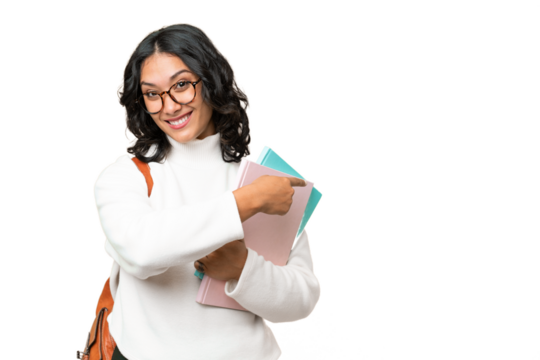 Young Argentinian student woman over isolated background pointing back