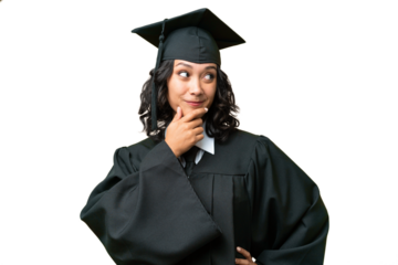 Young university graduate Argentinian woman over isolated background having doubts and with confuse face expression