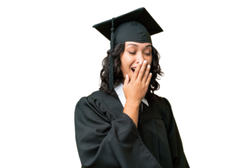 Young university graduate Argentinian woman over isolated background yawning and covering wide open mouth with hand