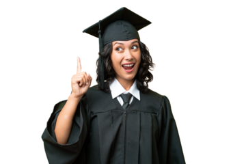 Young university graduate Argentinian woman over isolated background intending to realizes the solution while lifting a finger up