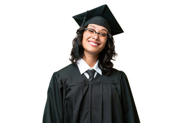 Young university graduate Argentinian woman over isolated background with glasses and happy