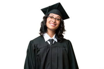 Young university graduate Argentinian woman over isolated background with glasses and happy