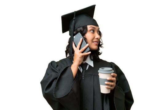 Young university graduate Argentinian woman over isolated background holding coffee to take away and a mobile
