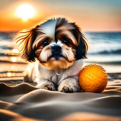 A Shih Tzu dog , playing with a ball in the beach , sunset behind 