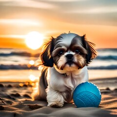 A Shih Tzu dog , playing with a ball in the beach , sunset behind 