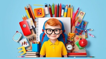 a school backpack with various stationery, a schoolboy at his desk. Illustration with cartoon child at school. Generative AI
