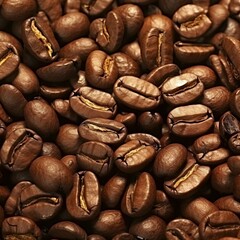 Fototapeta premium Roasted coffee beans macro shot, Closeup picture of perfect dark coffee beans texture. Coffee seeds close-up shot. Dry beans spread out.