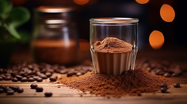 Glass cup overfilled with coffee powder, on a wooden table. Picture of a glass coffee mug with powder in a dark coffee shop. powder dropped and spread on a wooden table. Caffeine concept.