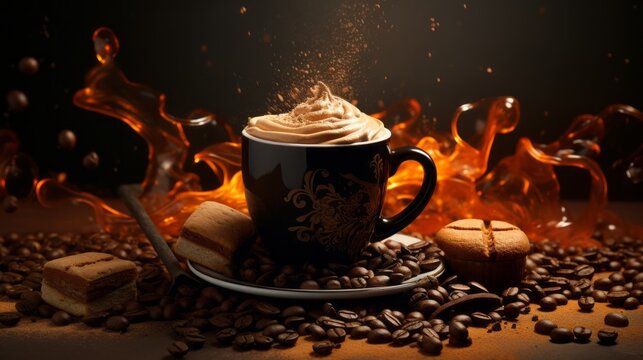 Coffee cup and spilled beans and powder on a wooden table with flames. Beans with cinnamon and whipped cream on a wooden table. Picture a coffee mug in a dark coffee shop. Caffeine concept. .