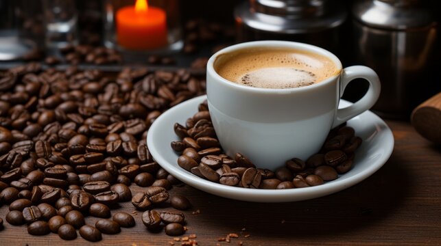 Coffee cup and spilled beans on a wooden table with candles. Beans dropped and spread on a wooden table. Picture a coffee cup with beans in a dark candle lit coffee shop. Caffeine concept.