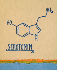 serotonin molecule chemical structure, one of brain happiness chemicals - rough sketch on art paper, health, chemistry and physiology concept