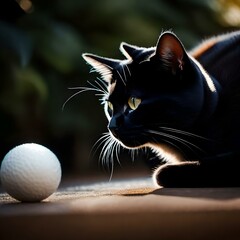 a cat with Its sleek and velvety gray fur , Its almond-shaped eyes , With dainty paws, playing with  a ball ,realistic picture .
