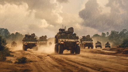 A group of military vehicles drive down a dusty road made with AI generative technology