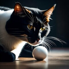 a cat with Its sleek and velvety gray fur , Its almond-shaped eyes , With dainty paws, playing with  a ball ,realistic picture .
