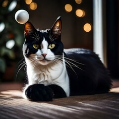 a cat with Its sleek and velvety gray fur , Its almond-shaped eyes , With dainty paws, playing with  a ball ,realistic picture .
