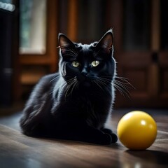 a cat with Its sleek and velvety gray fur , Its almond-shaped eyes , With dainty paws, playing with  a ball ,realistic picture .
