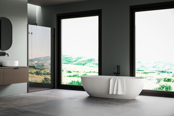 Modern bathroom interior in minimal scandinavian style with vanity, double sink, bathtub and shower. 3d Rendering